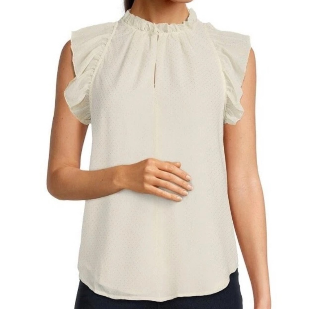 Michael Kors Dewdrop Chiffon Ruffled Top  Bone Ivory White Gold Dots Size XS‎